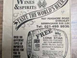Newspaper Cutting from 1990. A newspaper cutting from the Birmingham Evening Mail in 1990 offering a free can of Lone Star Beer (Texas) with the purchase of any 4 imported beers.